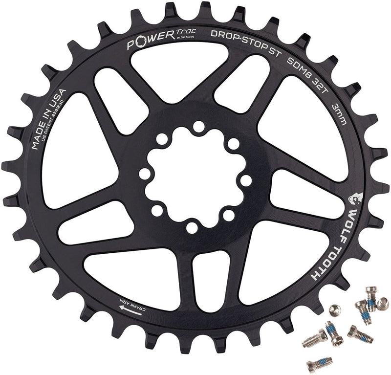 Wolf Tooth Elliptical Direct Mount Chainring - 32t SRAM 8-Bolt DM 3mm Offset Drop-Stop ST Requires HG+ Chain BLK