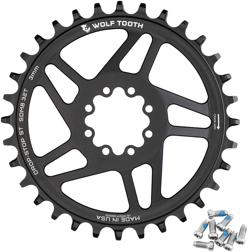 Wolf Tooth Direct Mount Chainring - 32t SRAM 8-Bolt Direct Mount 3mm Offset Drop-Stop ST Requires 12-Speed HG+ Chain BLK