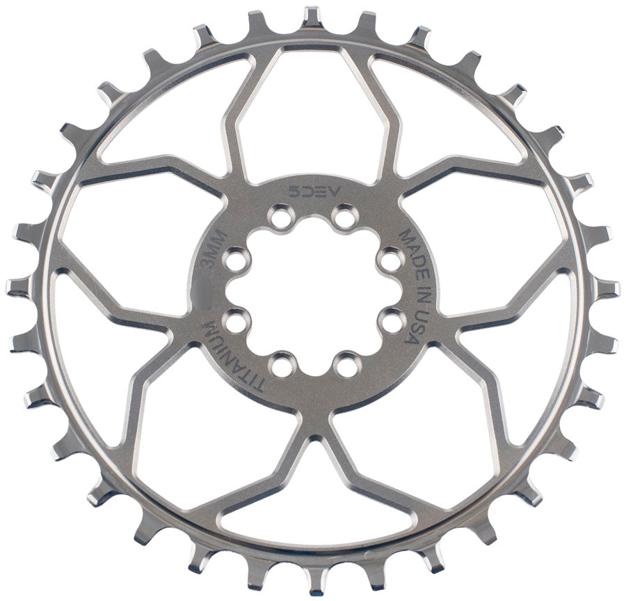 5DEV Titanium T-Type Direct Mount Chainring - 32t 8-Bolt 3mm Offset Raw Ti