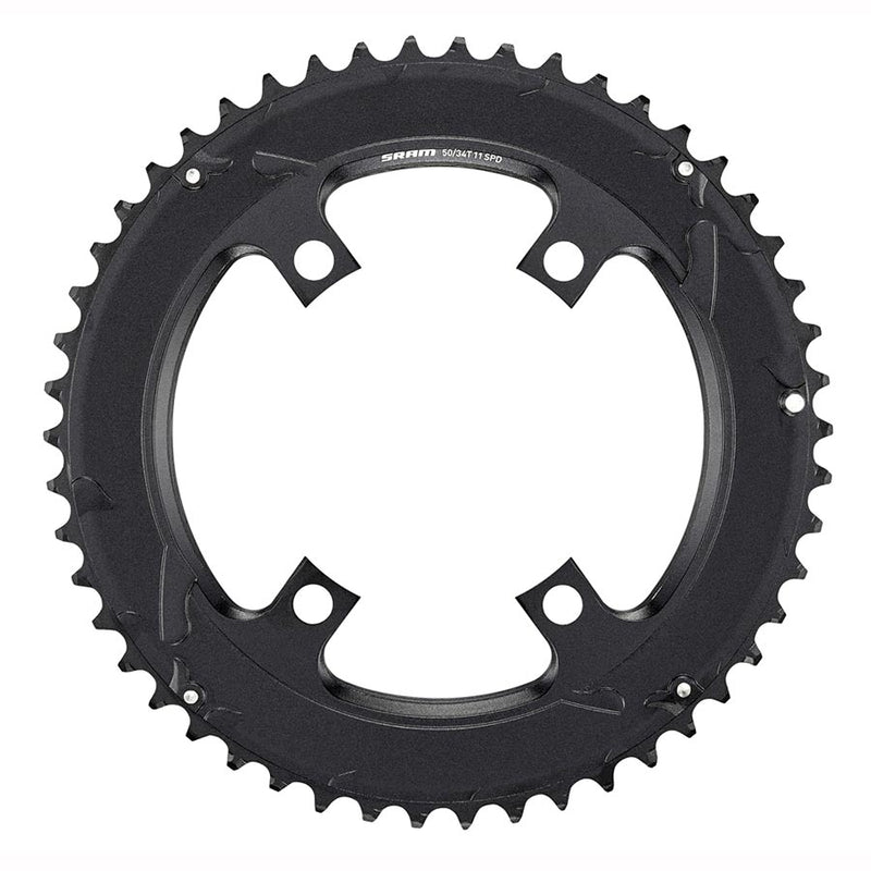 SRAM Road 110mm Asymmetrical Chainring Teeth: 50 Speed: 11 BCD: 110 Bolts: 4 Outer Aluminum Black