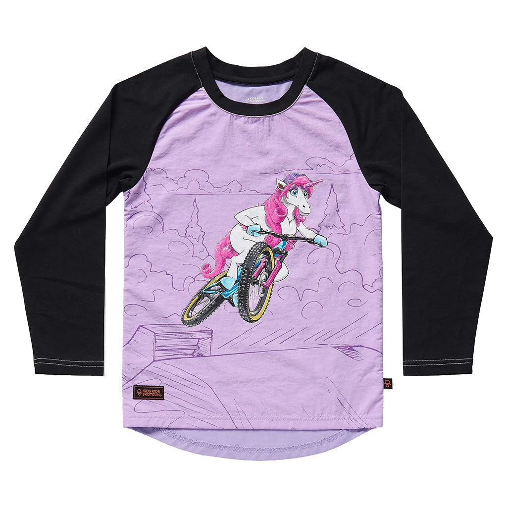Kids Ride Shotgun Windproof Kids MTB Jersey Unicorn YXXS Pink & Black