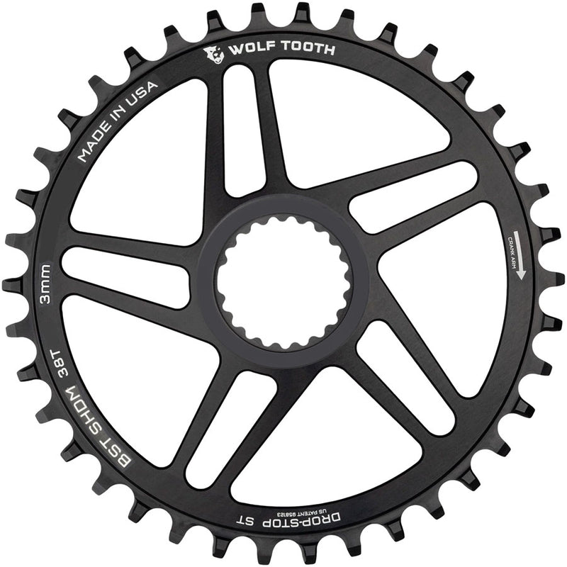 Wolf Tooth Direct Mount Chainring - 38t Shimano DM For Boost Cranks 3mm Offset Drop-Stop ST Requires 12-Speed HG+ Chain BLK