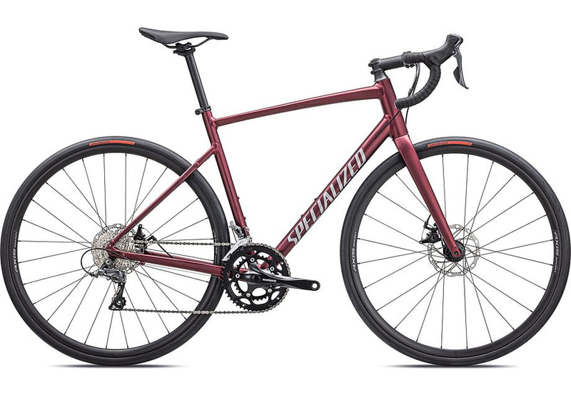 2025 Specialized allez e5 bike satin maroon / silver dust / flo red 49