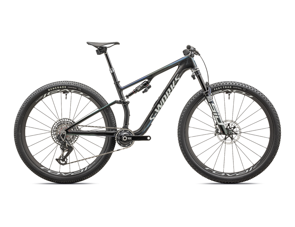 2024 Specialized S-Works EPIC 8 Mountain Bike - Large, Gloss Carbon/Astral Blue/Electric Green/Cyan Edge Fade/Metallic White Silver