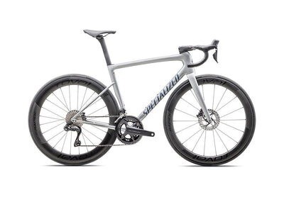 2025 Specialized tarmac sl8 pro udi2 bike gloss liquid silver / satin blue pearl over black liquid metal 44