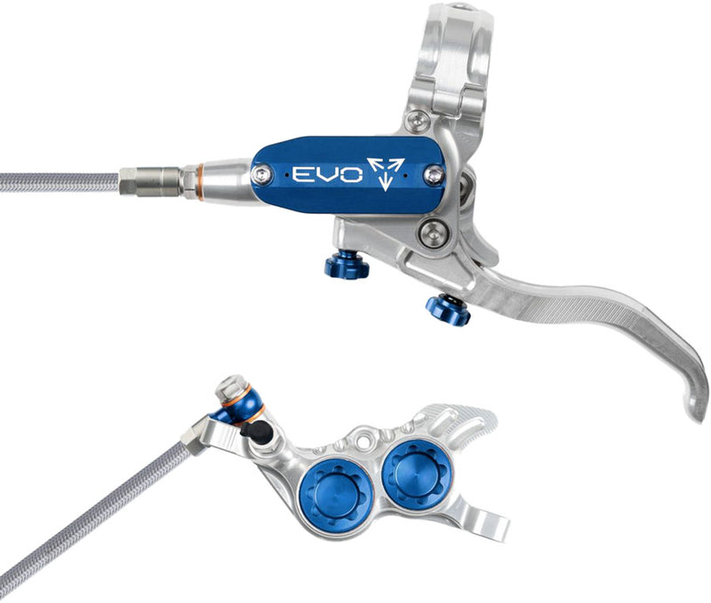 Hope EVO GR4 Disc Brake Lever Set - Left Hand Post Mount 4-Piston Braided Hydraulic Hose Silver/Blue