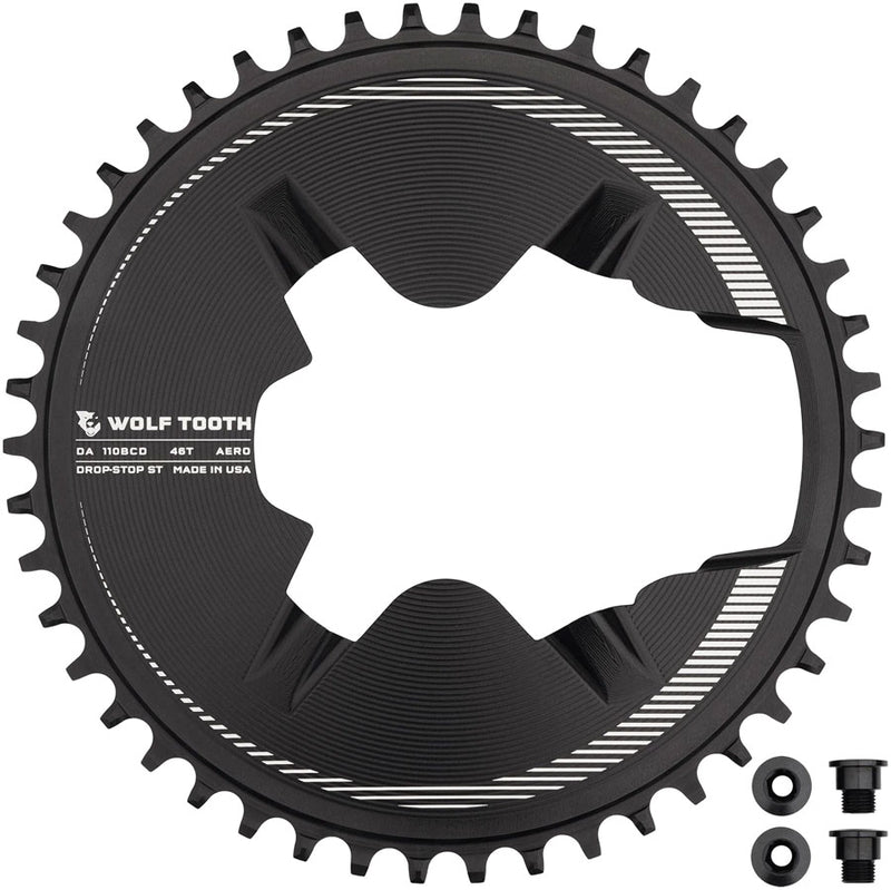 Wolf Tooth Aero Direct Mount 1x Chainring - 46t 4-Bolt Drop-Stop ST Compatible Shimano Dura-Ace R9200/R9200-P Only BLK