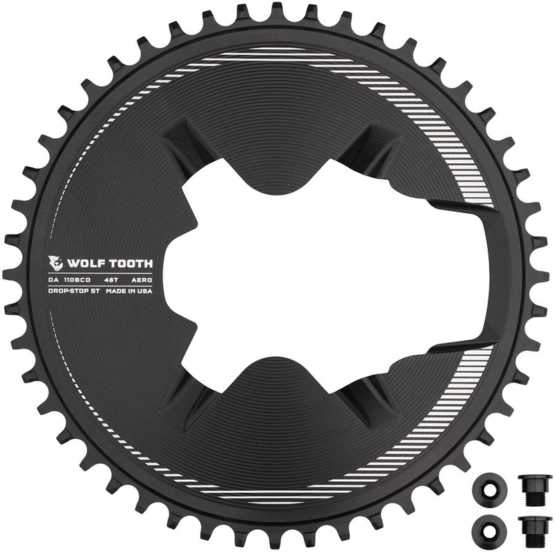 Wolf Tooth Aero Direct Mount 1x Chainring - 48t 4-Bolt Drop-Stop ST Compatible Shimano Dura-Ace R9200/R9200-P Only BLK