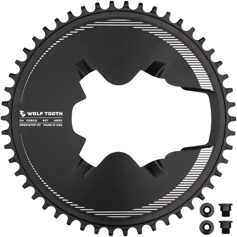 Wolf Tooth Aero Direct Mount 1x Chainring - 50t 4-Bolt Drop-Stop ST Compatible Shimano Dura-Ace R9200/R9200-P Only BLK