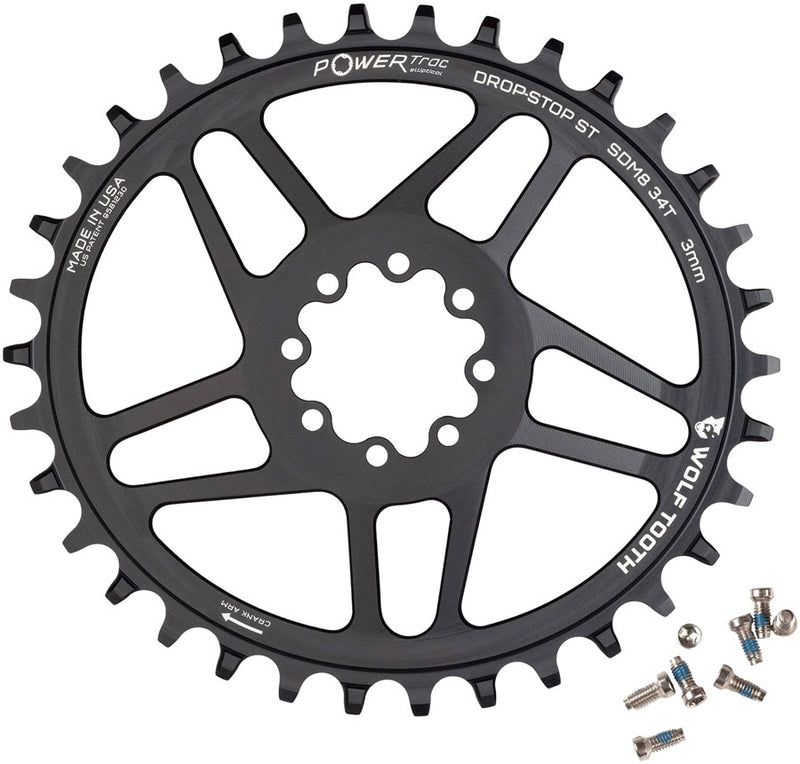 Wolf Tooth Elliptical Direct Mount Chainring - 34t SRAM 8-Bolt DM 3mm Offset Drop-Stop ST Requires HG+ Chain BLK