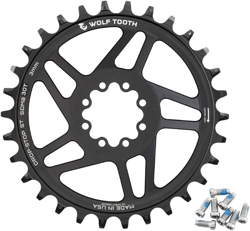 Wolf Tooth Direct Mount Chainring - 30t SRAM 8-Bolt Direct Mount 3mm Offset Drop-Stop ST Requires 12-Speed HG+ Chain BLK