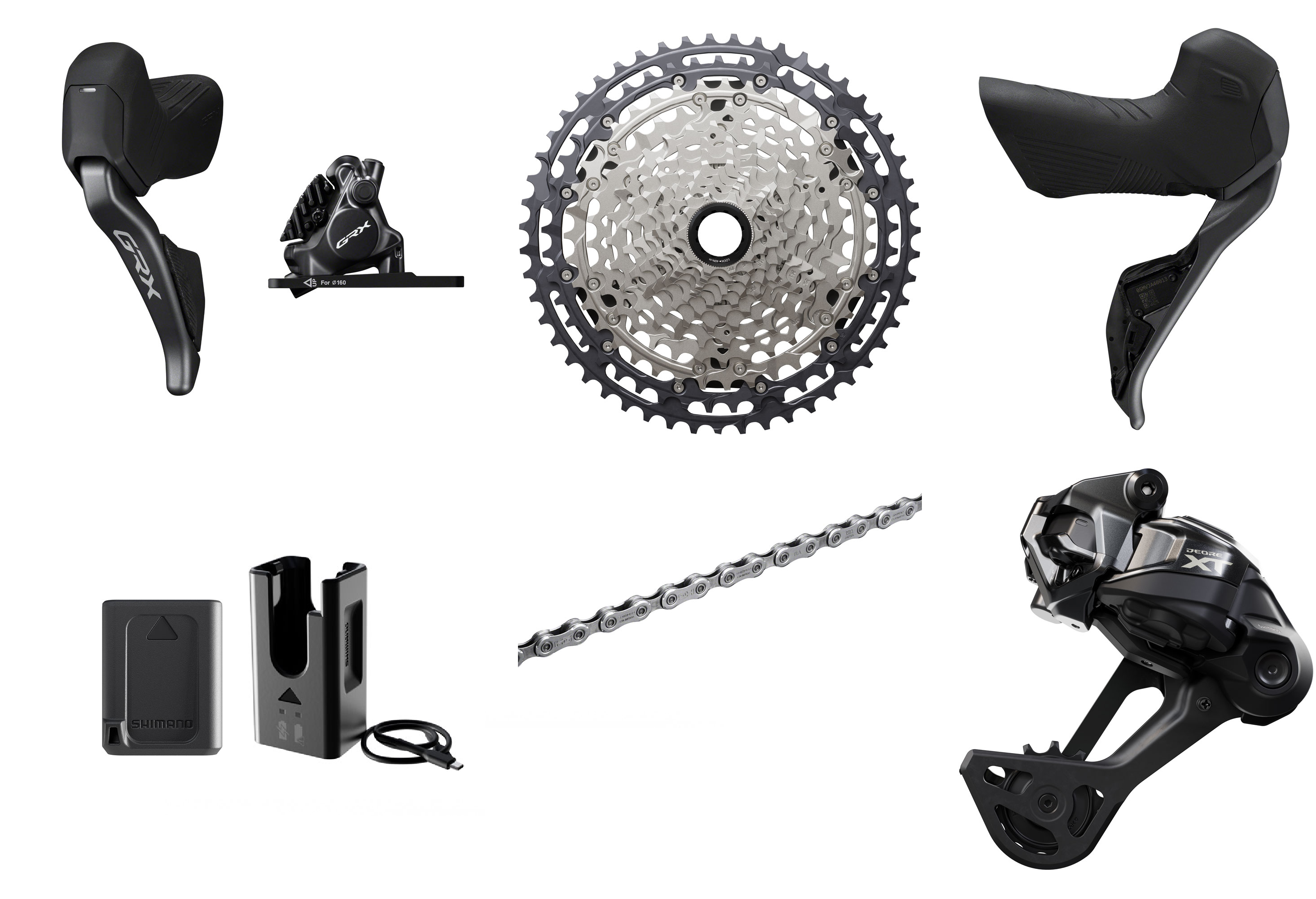 Shimano GRX / XT Di2 12-Speed Groupset - GRX Di2 Shifters, XT Rear Derailleur, Battery/Charger, Chain & Cassette