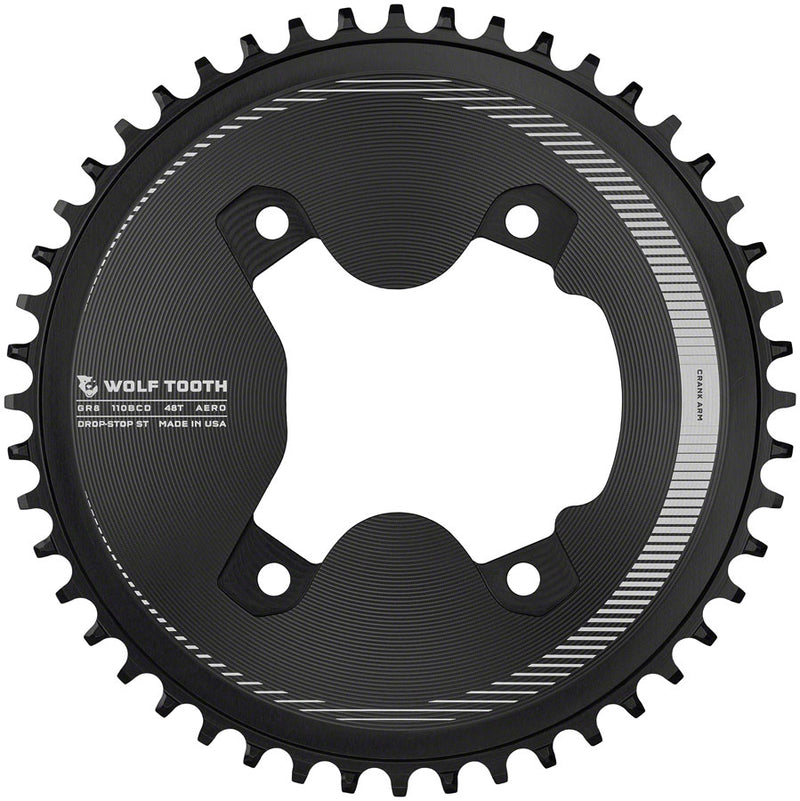 Wolf Tooth Aero 110 Asymmetric BCD Chainring - 48t 110 Asymmetric BCD 4-Bolt Drop-Stop ST For Shimano GRX 800 Series BLK