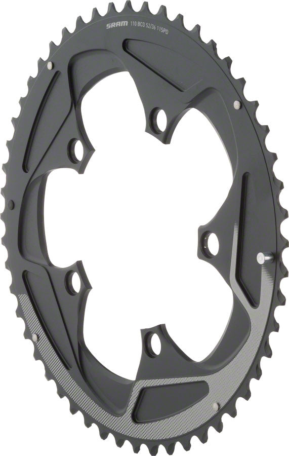 SRAM 52 Tooth 11-Speed 110mm Yaw Chainring Black with Silver Trim, Use with 36 or 38T