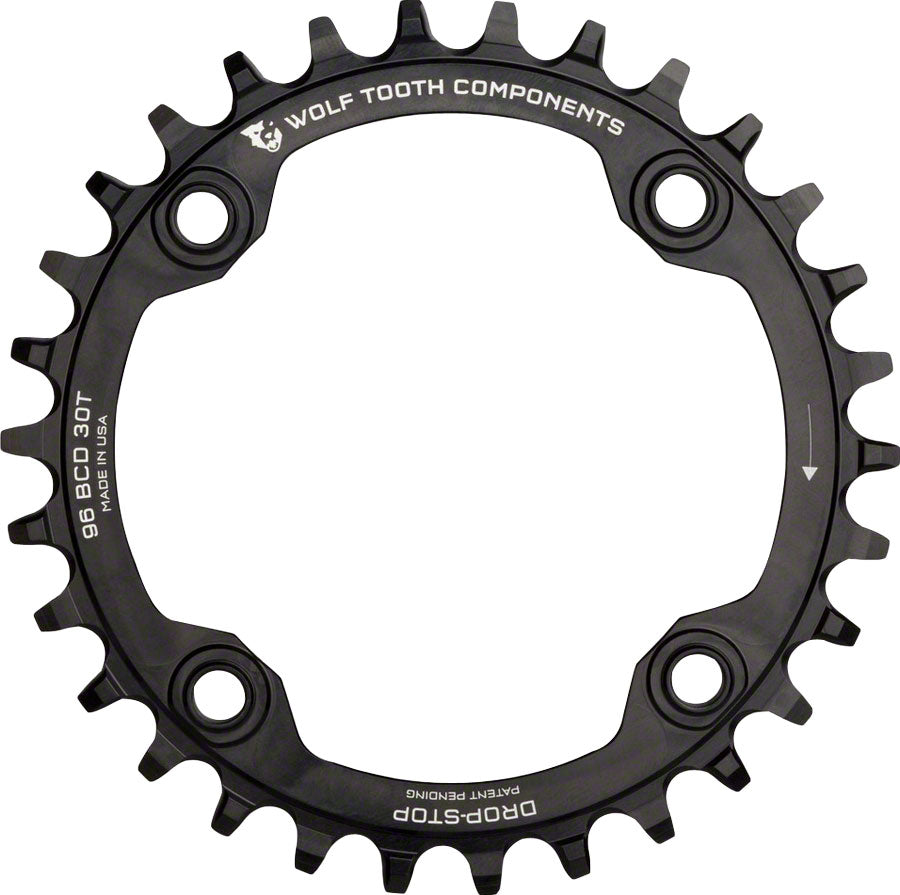 Wolf Tooth 96 Symmetrical BCD Chainring - 30t, 96 BCD, 4-Bolt, Drop-Stop, For Shimano Cranks, Black