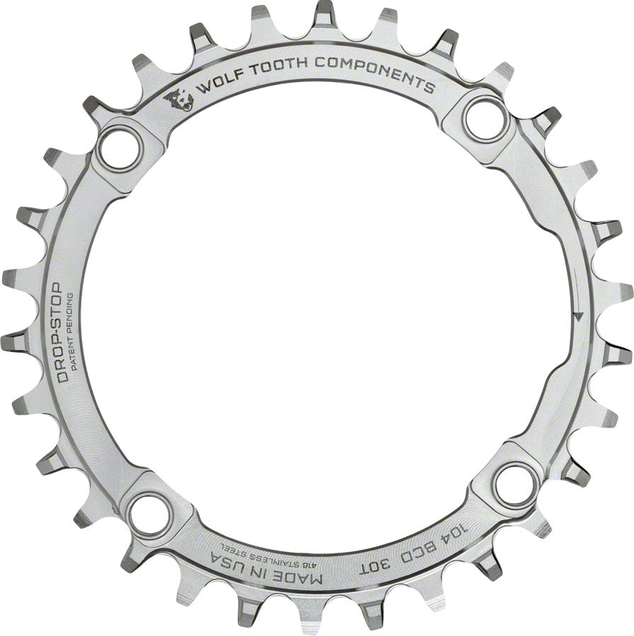 Wolf Tooth 104 BCD Chainring - 30t, 104 BCD, 4-Bolt, Drop-Stop, Stainless Steel, Silver