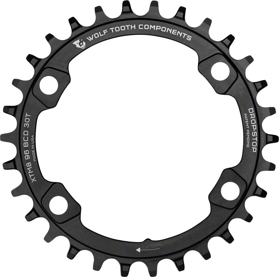 Wolf Tooth 96 BCD Chainring - 30t, 96 Asymmetric BCD, 4-Bolt, Drop-Stop, For Shimano XT M8000 and SLX M7000 Cranks, Black