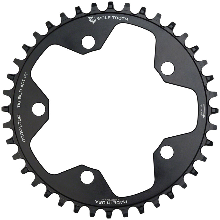 Wolf Tooth 110 BCD Cyclocross and Road Chainring - 40t, 110 BCD, 5-Bolt, Drop-Stop, 10/11/12-Speed Eagle and Flattop Compatible, Black