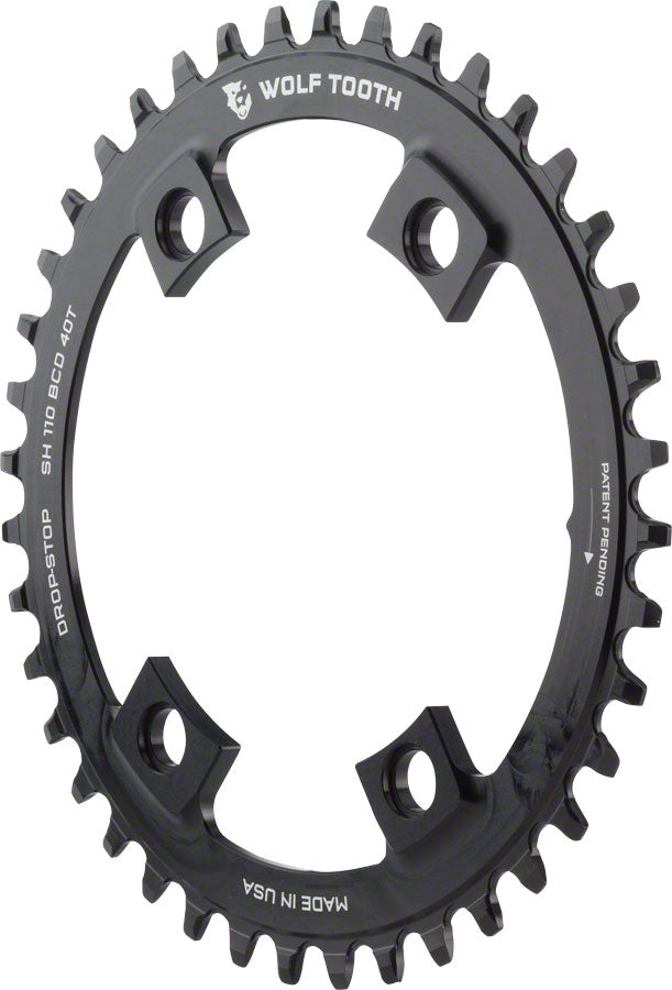 Wolf Tooth Shimano 110 Asymmetric BCD Chainring - 38t, 110 Asymmetric BCD, 4-Bolt, Drop-Stop, For Shimano Cranks, Black