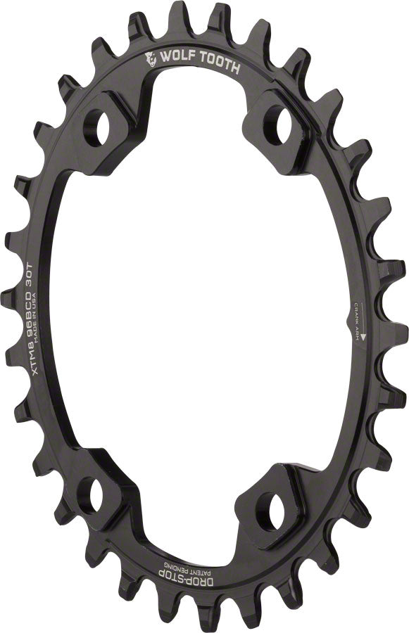 Wolf Tooth Elliptical 96 BCD Chainring - 30t, 96 Asymmetric BCD, 4-Bolt, Drop-Stop, For Shimano XT M8000 and SLX M7000 Cranks, Black