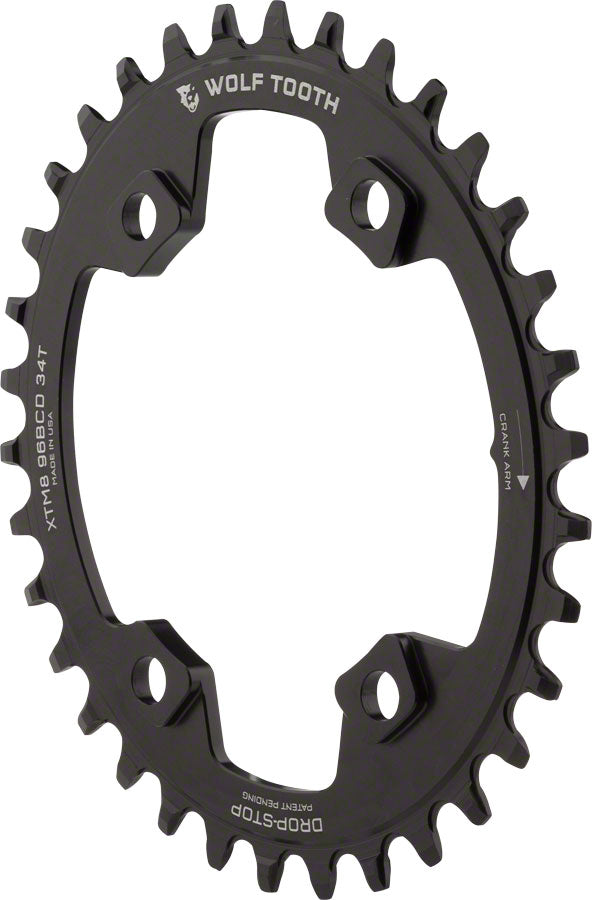 Wolf Tooth Elliptical 96 BCD Chainring - 34t, 96 Asymmetric BCD, 4-Bolt, Drop-Stop, For Shimano XT M8000 and SLX M7000 Cranks, Black