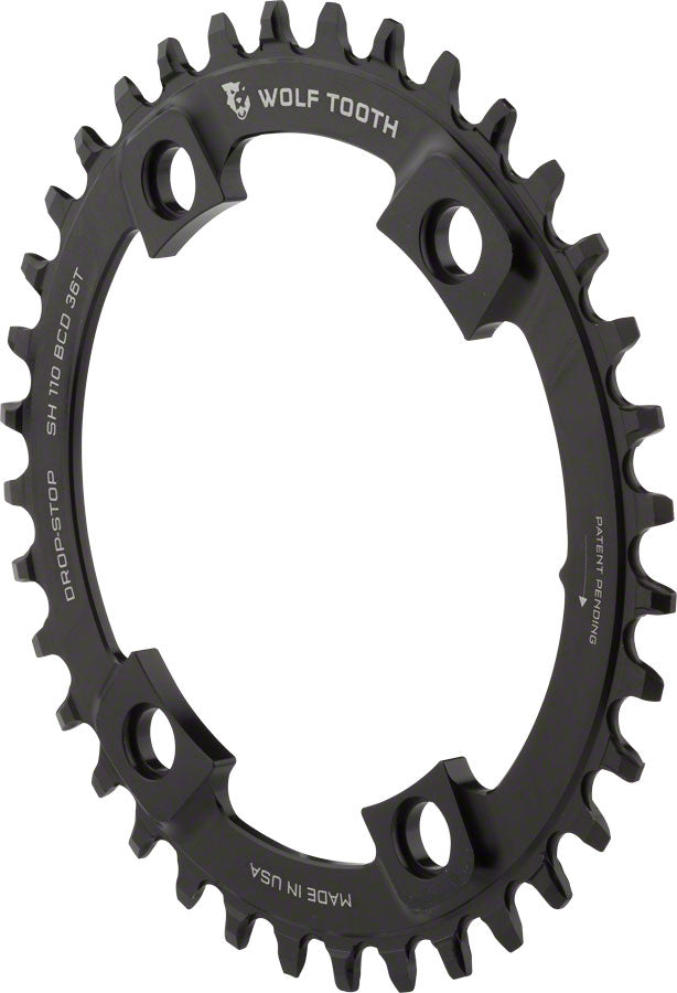 Wolf Tooth Shimano 110 Asymmetric BCD Chainring - 36t, 110 Asymmetric BCD, 4-Bolt, Drop-Stop, For Shimano Cranks, Black