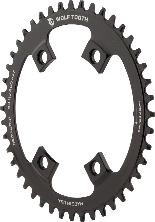 Wolf Tooth Shimano 110 Asymmetric BCD Chainring - 44t, 110 Asymmetric BCD, 4-Bolt, Drop-Stop, For Shimano Cranks, Black