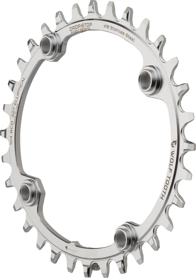 Wolf Tooth Elliptical 104 BCD Chainring - 32t, 104 BCD, 4-Bolt, Drop-Stop, Stainless Steel, Silver