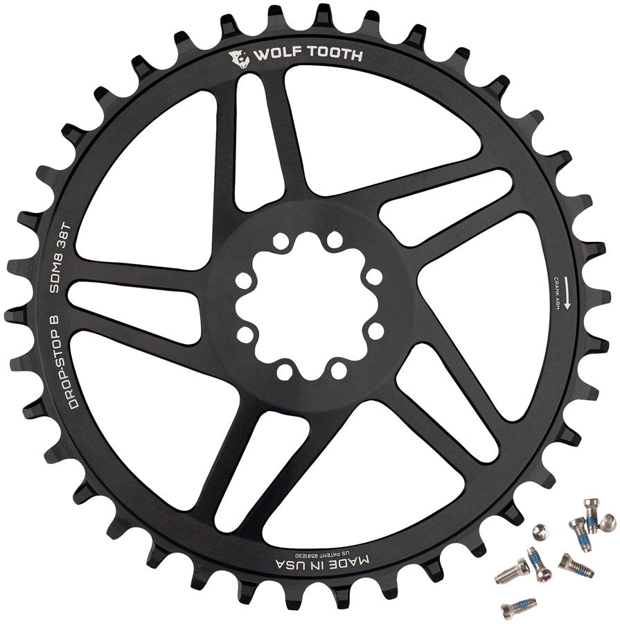 Wolf Tooth Direct Mount Chainring - 38t, SRAM Direct Mount, Drop-Stop B, For SRAM 8-Bolt Cranksets, 6mm Offset, Black