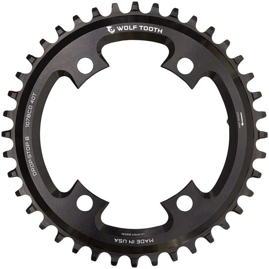 Wolf Tooth 107 BCD Chainring - 40t, Compatible with SRAM 107 BCD, Drop-Stop B, 4-Bolt, Black