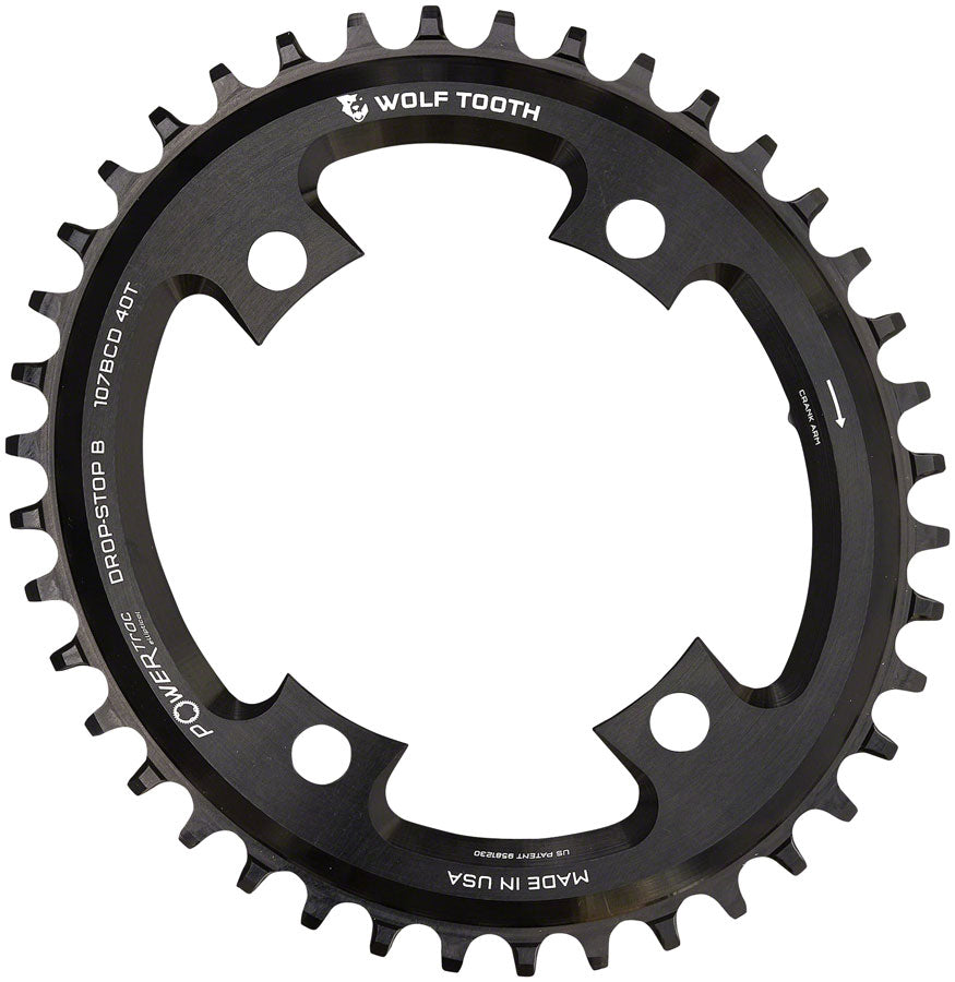 Wolf Tooth Elliptical 107 BCD Chainring - 38t, Compatible with SRAM 107 BCD, Drop-Stop B, 4-Bolt, Black