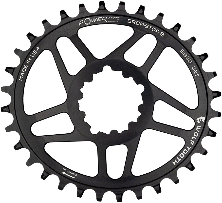Wolf Tooth Elliptical Direct Mount Chainring - 32t, SRAM Direct Mount, Drop-Stop B, For SRAM BB30 Short Spindle Cranks, 0mm Offset, Black