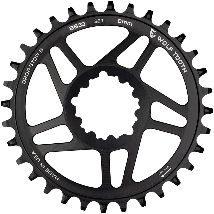 Wolf Tooth Direct Mount Chainring - 32t, SRAM Direct Mount, Drop-Stop B, For BB30 Short Spindle Cranksets, 0mm Offset, Black