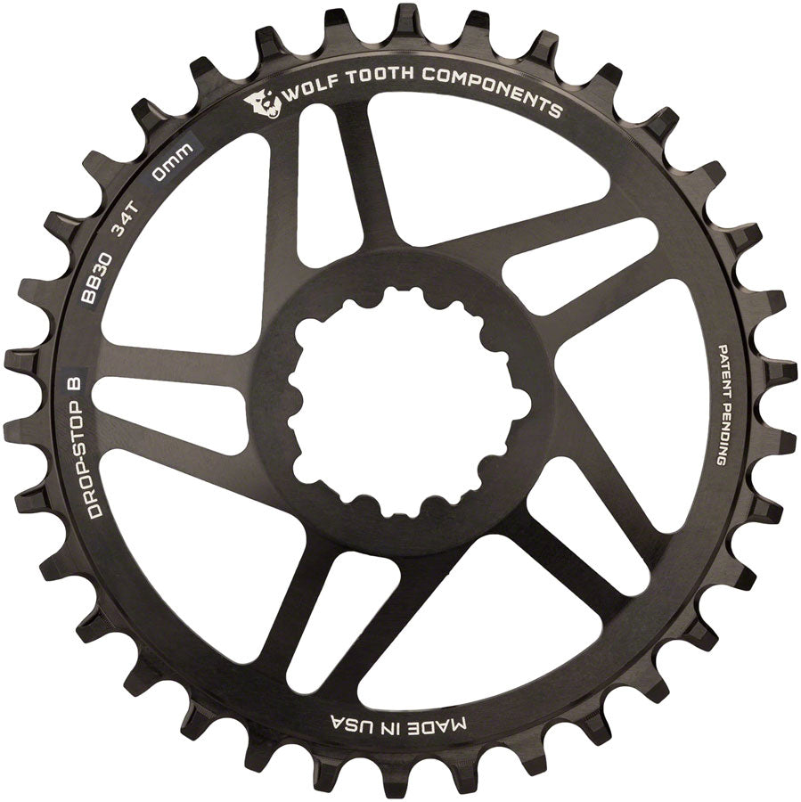 Wolf Tooth Direct Mount Chainring - 34t, SRAM Direct Mount, Drop-Stop B, For BB30 Short Spindle Cranksets, 0mm Offset, Black