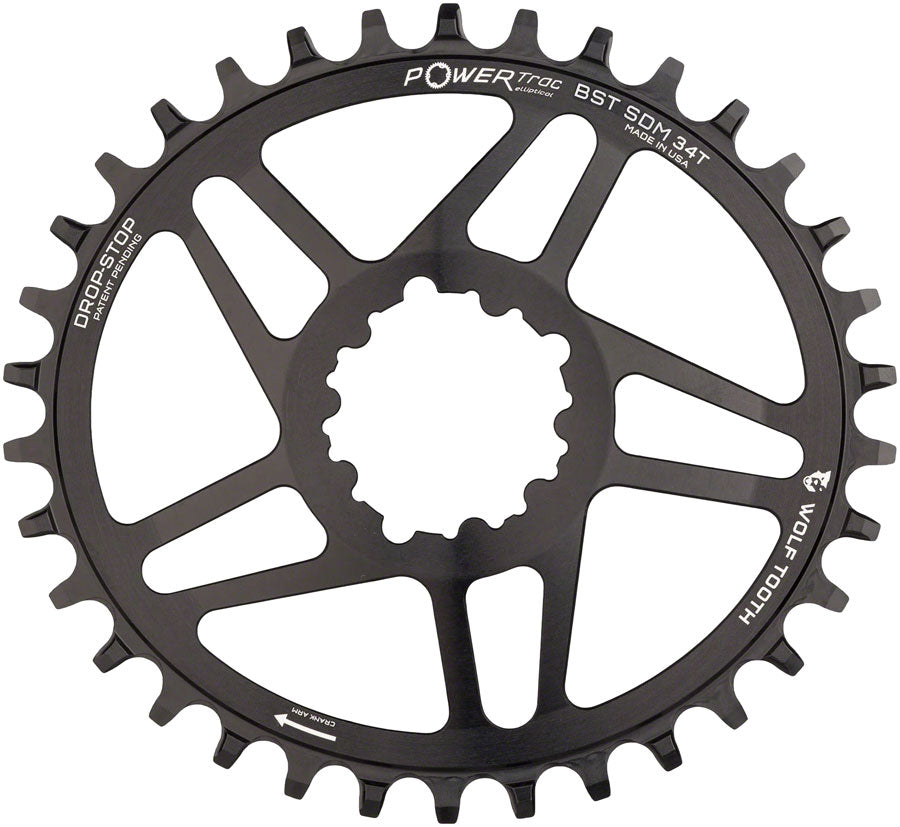 Wolf Tooth Elliptical Direct Mount Chainring - 34t, SRAM Direct Mount, Drop-Stop A, For SRAM 3-Bolt Boost Cranksets, 3mm Offset, Black