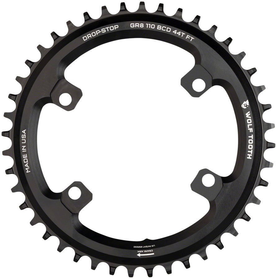 Wolf Tooth Shimano 110 Asymmetric BCD Chainring - 38t, 110 Asymmetric BCD, 4-Bolt, Drop-Stop Flattop, For Shimano GRX Cranks, Black