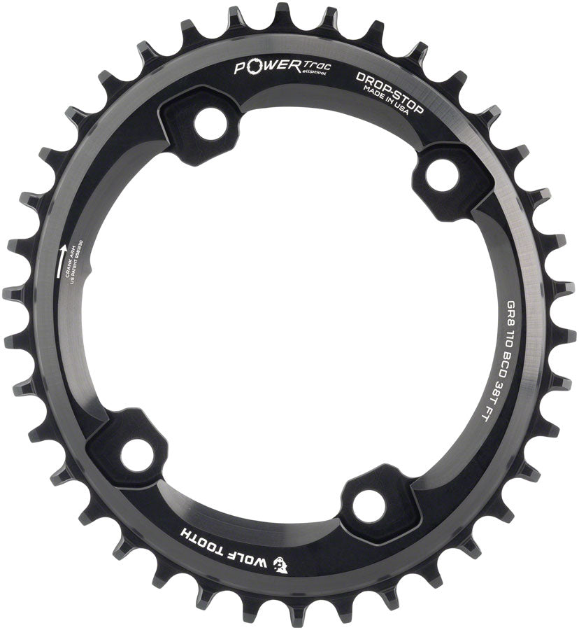 Wolf Tooth Elliptical Shimano 110 Asymmetric BCD Chainring - 38t, 110 Asymmetric BCD, 4-Bolt, Drop-Stop, For Shimano GRX Cranks, Black