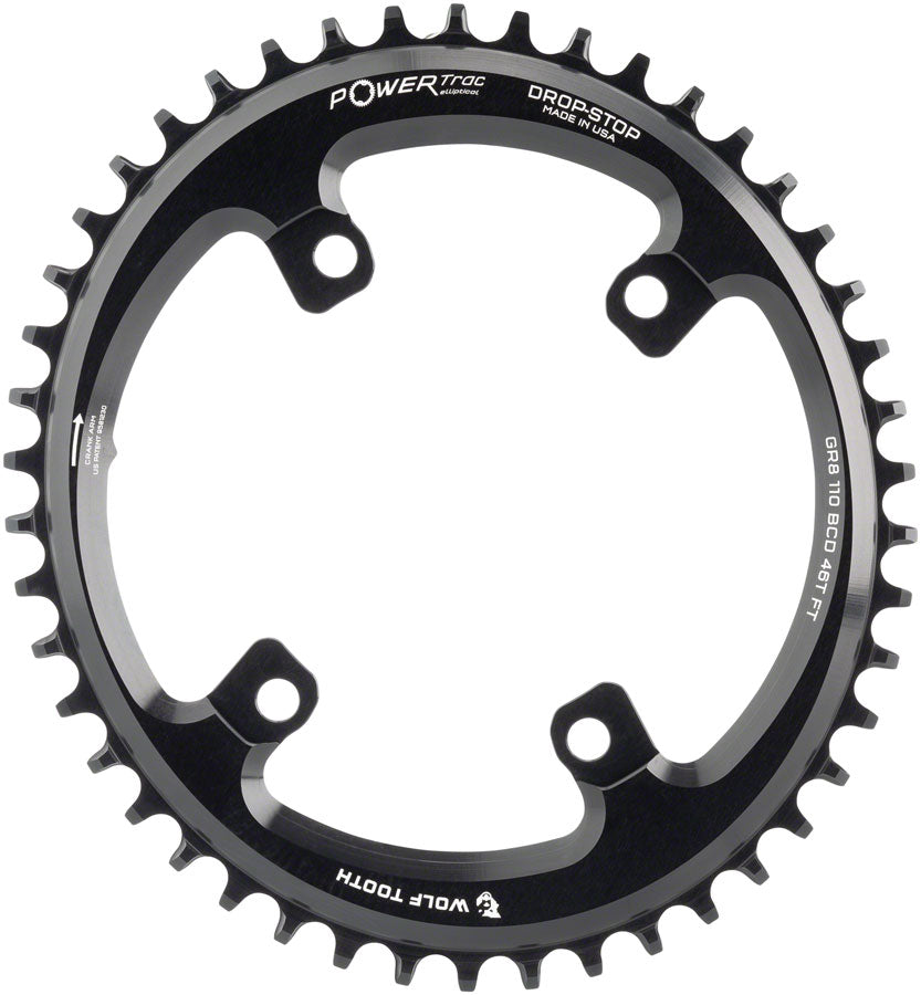 Wolf Tooth Elliptical Shimano 110 Asymmetric BCD Chainring - 46t, 110 Asymmetric BCD, 4-Bolt, Drop-Stop, For Shimano GRX Cranks, Black