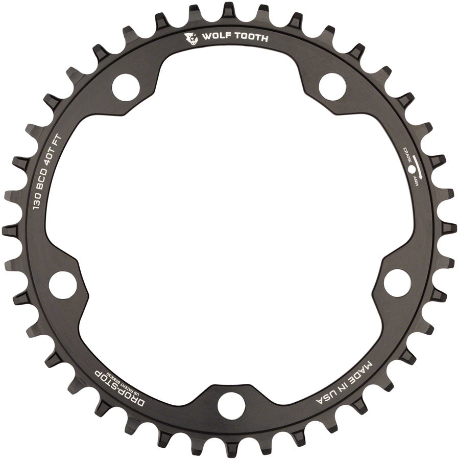 Wolf Tooth 130 BCD Road and Cyclocross Chainring - 40t, 130 BCD, 5-Bolt, Drop-Stop, 10/11/12-Speed Eagle and Flattop Compatible, Black