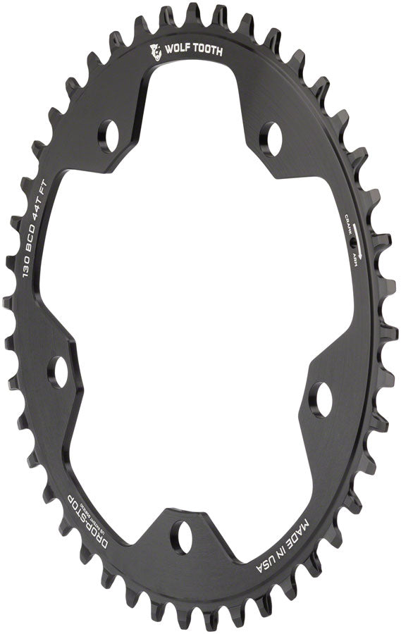 Wolf Tooth 130 BCD Road and Cyclocross Chainring - 44t, 130 BCD, 5-Bolt, Drop-Stop, 10/11/12-Speed Eagle and Flattop Compatible, Black