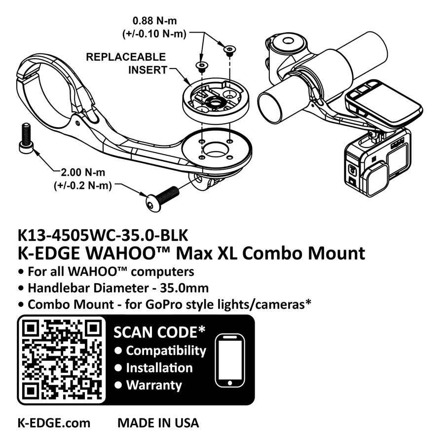 K-EDGE Wahoo MAX XL Combo Mount - 35.0mm, Black Anodize
