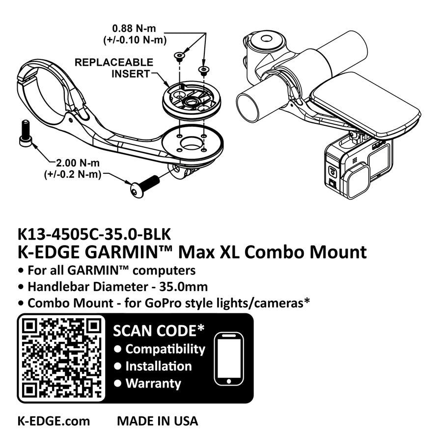 K-EDGE Garmin MAX XL Combo Mount - 35.0mm, Black Anodize