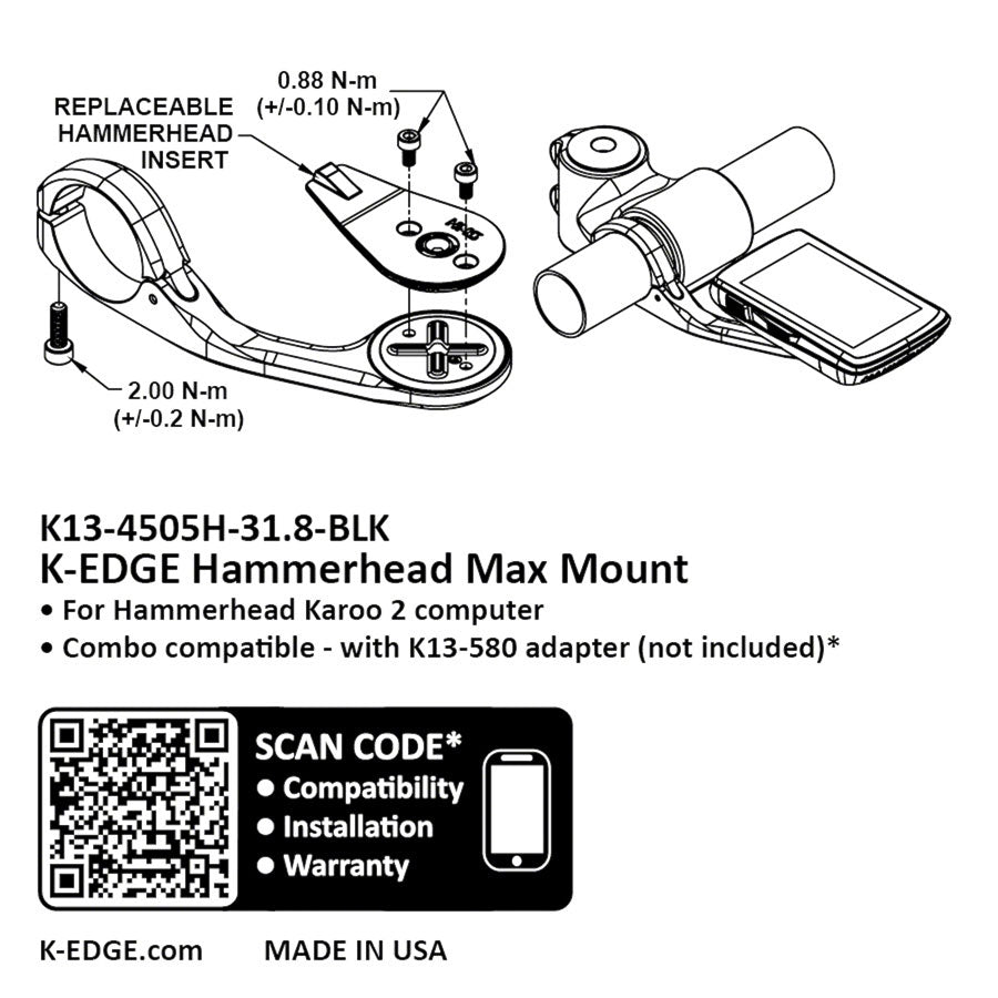 K-EDGE Hammerhead MAX XL Computer Mount - 31.8mm, Black Anodize