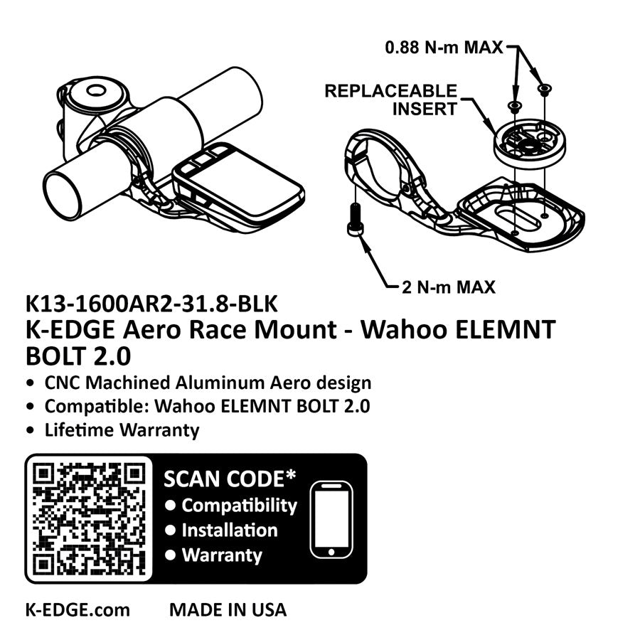 K-EDGE Wahoo Aero Race Handlebar Mount BOLT, 31.8mm, Black