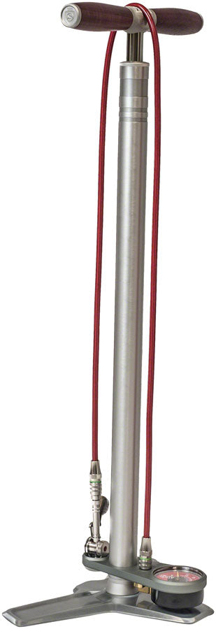Silca Superpista Ultimate 'Hiro' Edition Floor Pump - 160psi, Stainless Steel, Red Hose with Hiro V2 Chuck, Silver