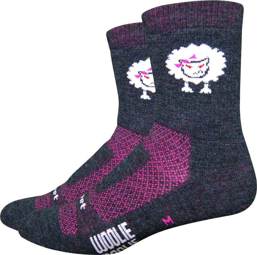 DeFeet Woolie Boolie Baaad Sheep Socks - 4 inch, Charcoal/Neon Pink, Small