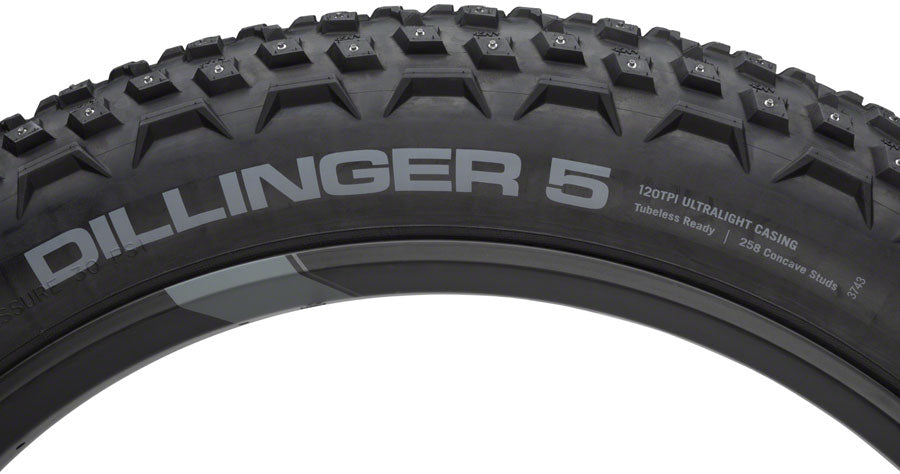 45NRTH Dillinger 5 Tire - 27.5 x 4.5, Tubeless, Folding, Black, 120 TPI, 252 Concave Carbide Aluminum Studs
