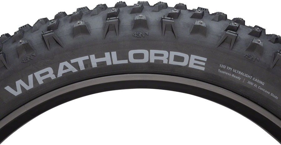 45NRTH Wrathlorde Tire - 26 x 4.2, Tubeless, Folding, Black, 120 TPI, 300 XL Concave Carbide Aluminum Studs